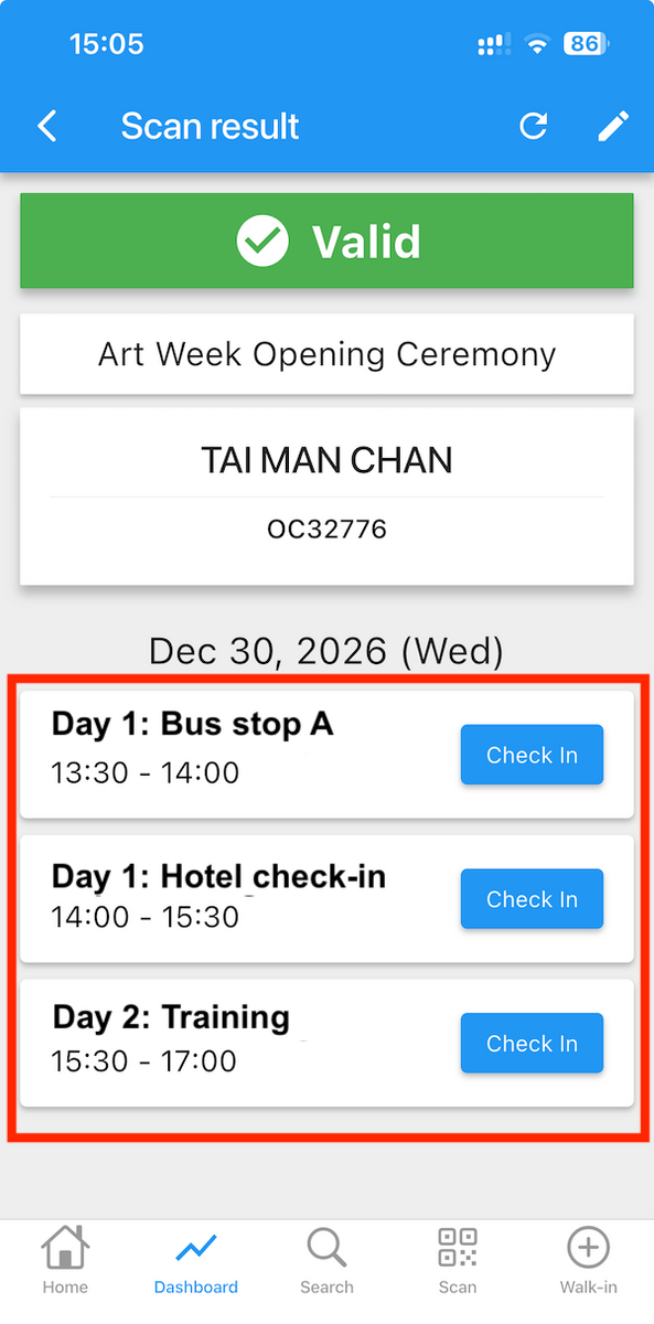 A single QR code allows attendees to check in individually for each session.
